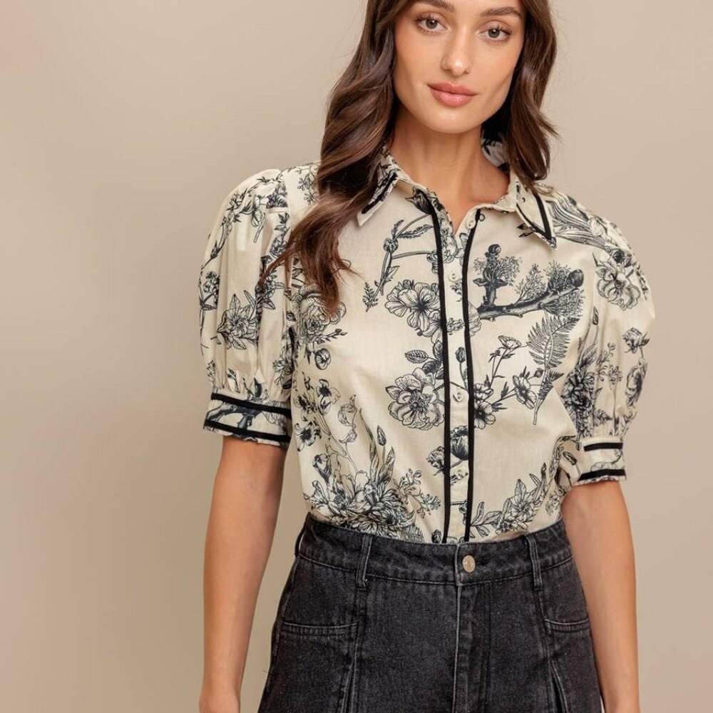The Meredith Black & Cream Puff Sleeve Blouse – Toile Print with Contrast Trim